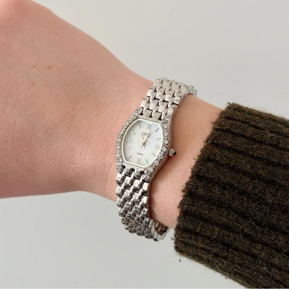 DMQ Swiss Silver Women's Watch Crystal Bezel Chain Link Band